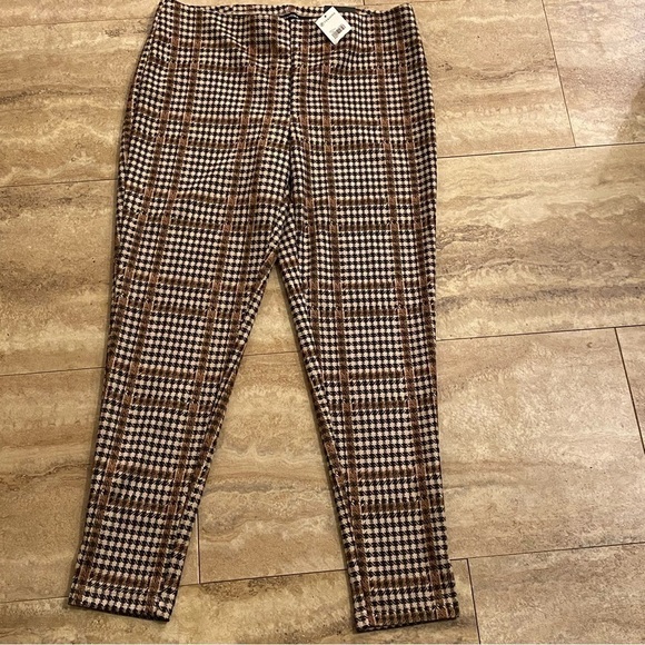 Versona Modern Ankle Pants Boho Womens Size L Pull On Coffee Brown Plaid Stretch - Picture 1 of 10